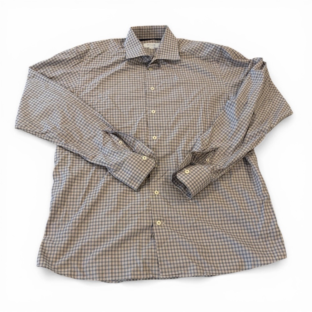 Eton Dress Shirt Men XL 43/17 Navy Tan‎ White Check Fine Twill Cotton Button Up